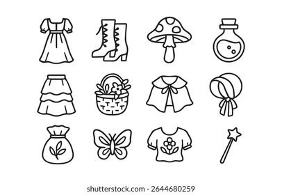 A collection of fairytale icons featuring classic elements like a dress, boots, a mushroom, potion, skirt, flower basket, cape, bonnet, bag, butterfly, shirt and wand in simple line art.