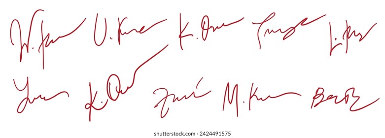 A collection of fake autographs. Hand writing, red ink. Vector