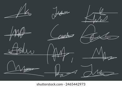collection of fake signatures for hand drawn line art style illustrations on paper.