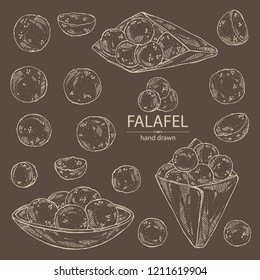 Collection of falafel: falafel in the box. Vegetarian fast food. Vector hand drawn illustration