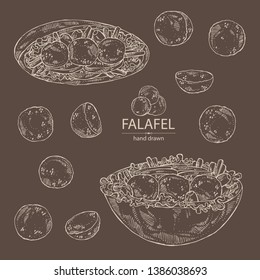 Collection of falafel in pita with vegetables: falafel, pita, tomato, lettuce and olives. Vegetarian fast food. Vector hand drawn illustration