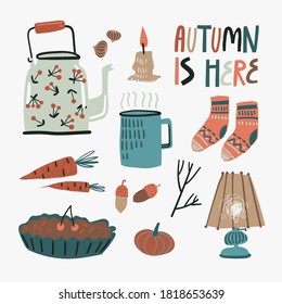 Collection Of Fall Doodle Elements. Cozy Things, Clothes, Harvest, Food And Nature. Cute Simple Style