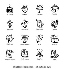 Collection of Fall Doodle Style Icons 

