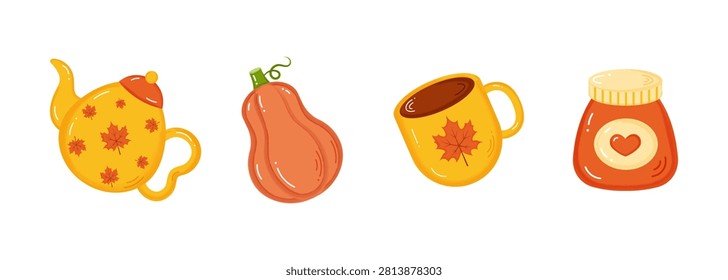 Collection of fall elements with watercolour texture.Cute autumn doodle icons.Kettle,pumpkin,tea cup, jam. Design elements for web. Cozy comfortable lifestyle.Fall mood.Vector illustration. 