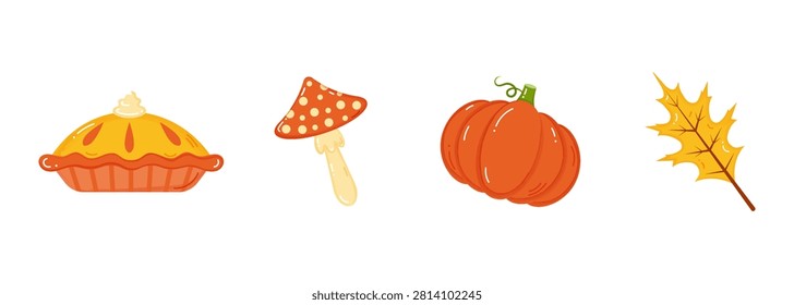 Collection of fall elements with watercolour texture.Cute autumn doodle icons.Pie,mushroom,pumpkun, oak leaf. Design elements for web. Cozy comfortable lifestyle.Fall mood.Vector illustration. 