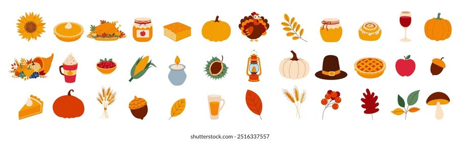 A collection of fall food and drink icons. The icons include a pumpkin, a pie, a cup of coffee, a bottle of wine, a bowl of food, a cup, a bottle, a bowl, a cup, a bottle