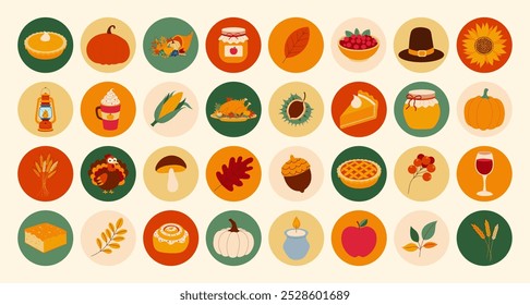 A collection of fall food icons including pies, apples, pumpkins, and wine. The icons are arranged in a grid pattern