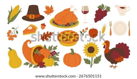 A collection of fall foods and decorations, including a pumpkin, a turkey, and a pie. Concept of warmth and abundance, as it features many traditional Thanksgiving foods and decorations