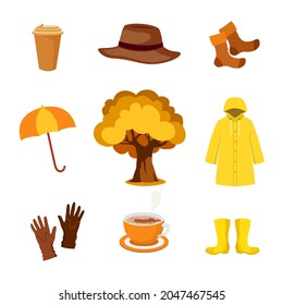 A collection of fall items and clothing. Set of icons of autumn drinks, coffee, hats, raincoat, rubber boots, gloves, warm socks, yellow tree. Fall sale and prig clipart. Vector flat illustration.