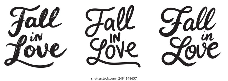 Collection of Fall in Love text lettering. Hand drawn vector art.