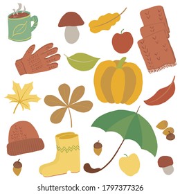 Collection of fall season symbols. Set of autumn related isolated objects. Mild colors. Leaves, clothes, rain protection, harvest. Can be used as stickers, decorate