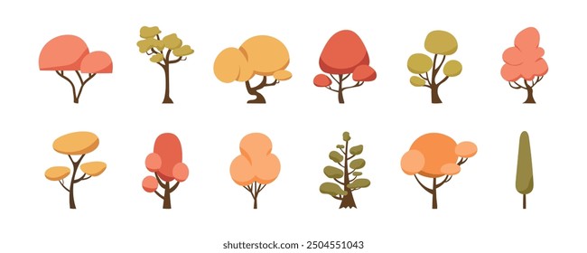 Collection of fall trees on white background. Set of minimalistic trees with different crowns. Elements of nature to create a landscape. Flat vector illustration on white background. Hand-drawn. 