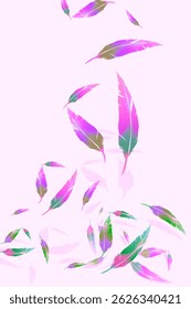 a collection of falling bird feathers on a pink background