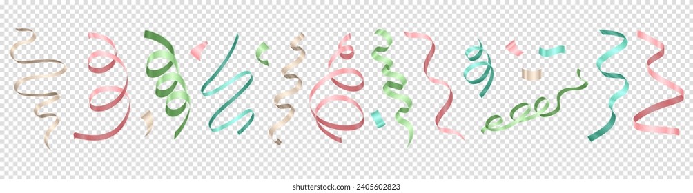 Collection of falling colorful spiral curled tinsel, festive confetti for party, celebration. Set of 3d realistic multicolored party streamers, coil ribbon serpentine on transparent background