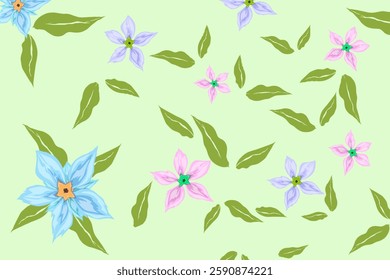 collection of falling flower and leaf elements on a green background