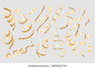 Collection of falling glossy spiral curled tinsel, yellow festive confetti for party, celebration. Set of 3d realistic golden party streamers, coil ribbon serpentine isolated on transparent background
