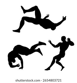 Colección de siluetas de hombre que caen en varias posiciones, expresando movimiento dinámico y desequilibrio.