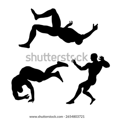 Collection of falling man silhouettes in various positions, expressing dynamic motion and imbalance.