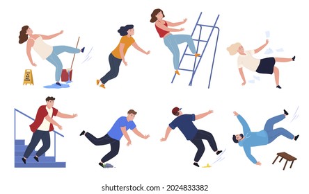 Collection falling people vector cartoon illustration. Danger caution wet floor, falling down stairs, slipping, stumbling and downfall injured man, beware isolated on white. Risk accident or trauma