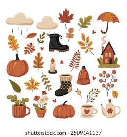 A collection of fall-themed images, including pumpkins, leaves, and a house. Scene is warm and cozy, with the use of autumn colors and the presence of a cup of coffee