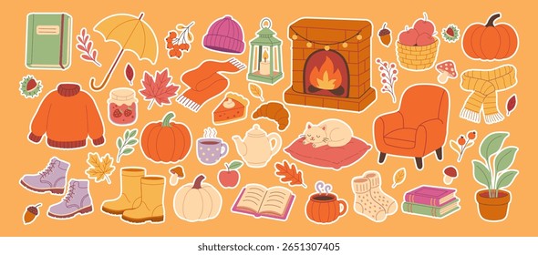 A collection of fall-themed stickers, including a pumpkin, a book, a chair, a cat, and a fireplace