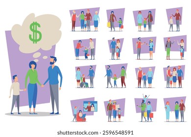 Collection of families of different setups participating in money-related activities. They engaged in discussions about budgeting, savings, and financial planning