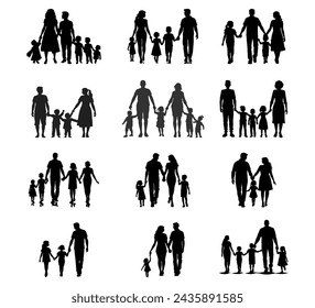 A collection of families holding hands Silhouette vector illustration on a white background