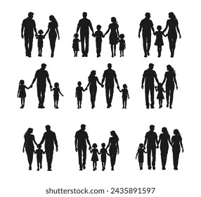 A collection of families holding hands Silhouette vector illustration on a white background