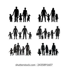 A collection of families holding hands Silhouette vector illustration on a white background