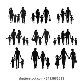 A collection of families holding hands Silhouette vector illustration on a white background