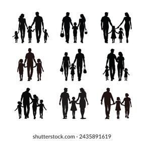 A collection of families holding hands Silhouette vector illustration on a white background