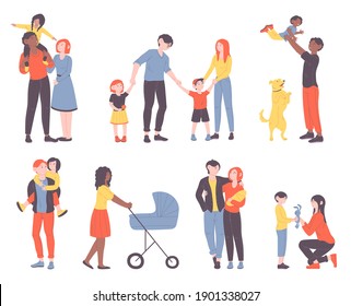 Collection of families walking together. Set of diverse mothers, fathers and children spending time together. Bundle of parents and kids isolated on white background. Flat cartoon vector illustration