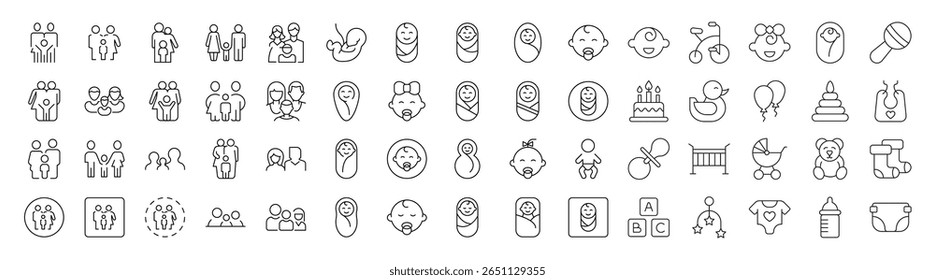 Coleção de ícones de linha relacionados a família, bebê, bebê e paternidade. Outline Signs para Gráficos e Web Design, Apps, Anúncios, Vários Cartões 