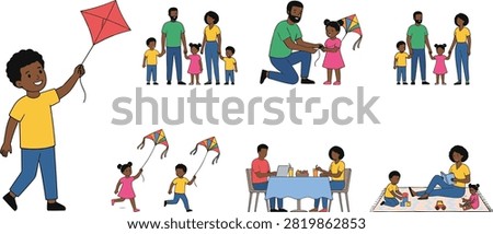 Collection of family character illustrations featuring parents and children enjoying kite flying, family bonding, dining together, reading, and playtime in a flat vector style. Ideal for parenting, education, childcare, family lifestyle, websites, mobile apps, marketing materials, and social media content.