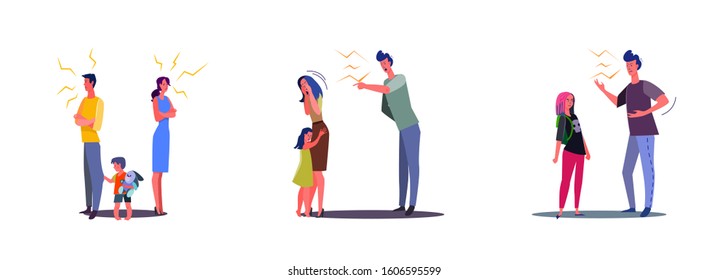 Collection of family conflicts. Flat vector illustrations of relationship problem with unhappy married couples and children. Quarrel concept for banner, website design or landing web page