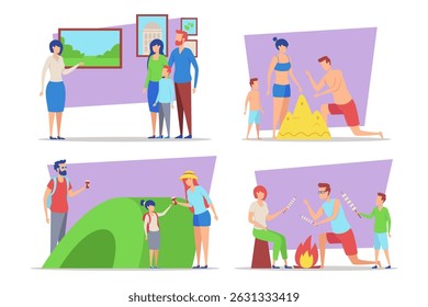 Collection of family engaging in different activities, including exploring art, playing in sand, hiking, and enjoying campfire