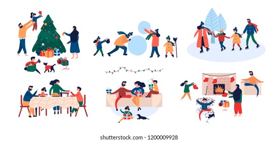 Collection of family enjoying Christmas holiday home outdoor activity decorating New Year tree, giving gifts, ice skating, build snowman, sitting by fireplace. Vector illustration cartoon flat style