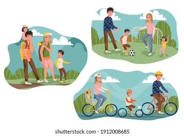 Collection of family go hiking, play football and ride a bike. Tourism and recreation concept. Vector illustration in cartoon style.