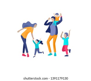 Collection of family hobby activities. Happy Mother, father and children dansing and jumping together. Cartoon vector illustration