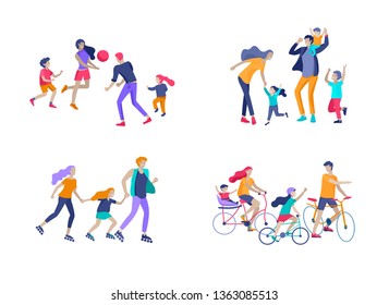 Collection Of Family Hobby Activities. Mother, Father And Children Riding Bikes, Walking, Roller Skating, Play To Ball And Dansing Together. Cartoon Vector Illustration