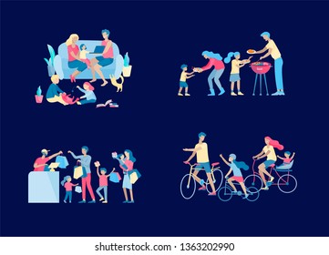 Collection of family hobby activities. Mother, father and children riding bikes, preparing barbecue, shopping, relaxing at home together, cycling. Cartoon vector illustration