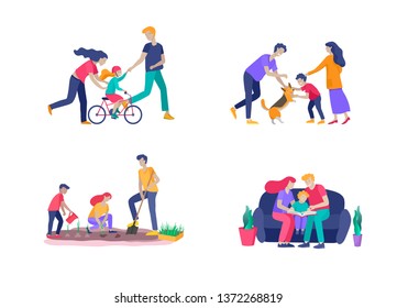 Collection Of Family Hobby Activities . Mother, Father And Children Teach Daughter To Ride Bike, Play With Dog Corgi, Read Book And Teach Child, Gardening And Plant Sprouts. Cartoon Illustration