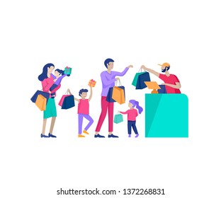 Collection of family hobby activities. Mother, father and children shopping together. Cartoon vector illustration