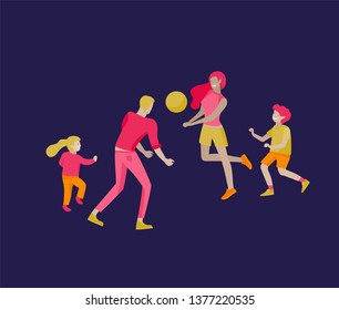 Collection of family hobby activities. Mother, father and children play ball together. Cartoon vector illustration