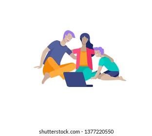 Collection of family hobby and activities. Mother, father and children relaxing at home with gadgets together. Cartoon vector illustration