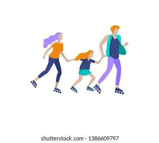 Collection of family hobby activities. Mother, father and children teach ride roller skating together. Cartoon vector illustration