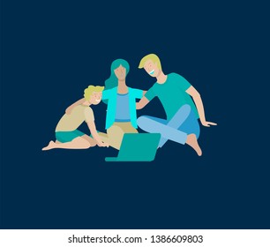 Collection of family hobby and activities. Mother, father and children relaxing at home with gadgets together. Cartoon vector illustration