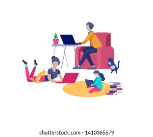 Collection of family hobby and activities. Mother, father and children relaxing at home with gadgets together. Cartoon vector illustration