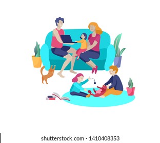 Collection of family hobby activities. Mother, father and children relaxing at home together, kids play with cat. Cartoon vector illustration