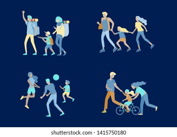 Collection of family hobby activities. Mother, father and children teach daughter to ride bike, walking hiking and treveling, roller skating, play ball together. Cartoon vector illustration
